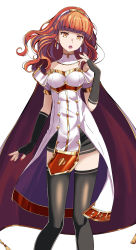 Rule 34 | 1girl, black dress, black gloves, black thighhighs, blunt bangs, breasts, buttons, cape, celica (fire emblem), commentary, detached collar, double-breasted, dress, earrings, elbow gloves, feet out of frame, fingerless gloves, fire emblem, fire emblem echoes: shadows of valentia, floating hair, gloves, gold trim, hairband, highres, jewelry, looking at viewer, medium breasts, medium hair, nail polish, nintendo, open mouth, orange eyes, pelvic curtain, red hair, red nails, short dress, simple background, solo, tassel, thighhighs, tsukishiro saika, wavy hair, white background, white dress