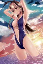 Rule 34 | 10s, 1girl, alternate breast size, armpits, arms up, audere, blonde hair, blue one-piece swimsuit, breasts, center opening, drawfag, dutch angle, covered erect nipples, grin, highres, horizon, kantai collection, long hair, navel, one-piece swimsuit, shimakaze (kancolle), sideboob, smile, solo, strap gap, sunset, swimsuit, wading, wet, yellow eyes