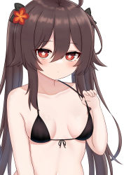 Rule 34 | 1girl, absurdres, ahoge, alternate costume, baku (ggininder0), bare shoulders, black bra, black hair, bra, breasts, cleavage, collarbone, commentary request, flower, genshin impact, hair between eyes, hair flower, hair ornament, highres, hu tao (genshin impact), long hair, looking at viewer, navel, red eyes, sidelocks, simple background, sleeveless, small breasts, solo, spaghetti strap, stomach, symbol-shaped pupils, twintails, underwear, white background