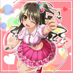 Rule 34 | 10s, 1girl, ;d, bow, brown eyes, brown hair, crop top, hair bow, half updo, idolmaster, idolmaster cinderella girls, komore, midriff, navel, one eye closed, one side up, open mouth, shimamura uzuki, shirt, side ponytail, skirt, smile, solo, taut clothes, taut shirt, wink