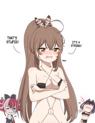 Rule 34 | 3girls, ahoge, anya&#039;s heh face (meme), anyacchi, asymmetrical clothes, bikini, blood, blue hair, blush, bow, breasts, brown eyes, brown hair, colored skin, crop top, crossed arms, double bun, eyepatch bikini, grey hair, grey skin, groin, hair bow, hair bun, highres, hololive, hololive english, hololive indonesia, kureiji ollie, large breasts, medium breasts, meme, multicolored hair, multiple girls, nanashi mumei, navel, nosebleed, o-ring, o-ring swimsuit, open mouth, ouro kronii, pout, red hair, single pantsleg, swimsuit, thumbs up, underboob, virtual youtuber