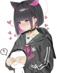 Rule 34 | 1boy, 1girl, ?, animal ears, black choker, black hair, black hoodie, blue archive, blush, cat ears, choker, colored inner hair, covering another&#039;s eyes, doodle sensei (blue archive), extra ears, green sailor collar, hair ornament, hairclip, heart, highres, hood, hoodie, kazusa (blue archive), lazhuzelazhuze, multicolored hair, neckerchief, pink hair, red eyes, red neckerchief, sailor collar, school uniform, sensei (blue archive), serafuku, short hair, smile, speech bubble, spoken question mark, upper body, white background