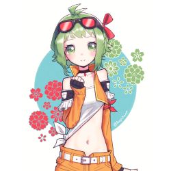 Rule 34 | 1girl, aegissanp, armband, artist name, asymmetrical clothes, belt, blush, choker, cropped vest, fingerless gloves, flower, frills, gloves, goggles, goggles on head, green eyes, green flower, green hair, gumi, hair ribbon, hand up, highres, layered sleeves, long sleeves, looking at viewer, midriff, navel, off-shoulder shirt, off shoulder, open fly, ribbon, shirt, short hair, shorts, sidelocks, sleeves past wrists, smile, solo, t-shirt, tied shirt, vest, vocaloid