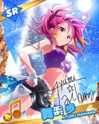 Rule 34 | 10s, 1girl, armpits, beamed quavers, belt, breasts, bustier, card (medium), character name, character signature, earrings, female focus, fingerless gloves, gloves, hand on own hip, idolmaster, idolmaster million live!, jewelry, kawakami tetsuya, looking at viewer, maihama ayumu, midriff, multicolored hair, musical note, navel, official art, pink eyes, pink hair, pointing, shorts, signature, sky, solo