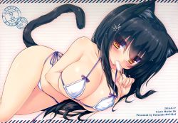 Rule 34 | 10s, 1girl, 2014, animal ears, bikini, black hair, blush, breast hold, breasts, cat ears, cat tail, cleavage, covered erect nipples, food, food in mouth, hair ornament, highres, holding, large breasts, long hair, looking at viewer, mia flatpaddy, original, popsicle, red eyes, scan, side-tie bikini bottom, solo, swimsuit, syroh, tail, white bikini