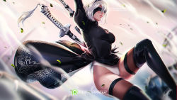 Rule 34 | 1girl, black dress, black footwear, black hairband, black thighhighs, blindfold, boots, breasts, covered eyes, dress, falling, feather-trimmed sleeves, hairband, juliet sleeves, leotard, lips, long sleeves, medium breasts, mole, mole under eye, nier (series), nier:automata, olchas, pink lips, puffy sleeves, ribbed dress, see-through, see-through legwear, showgirl skirt, silver hair, skindentation, solo, thigh boots, thighhighs, thighhighs under boots, weapon, weapon on back, white leotard, 2b (nier:automata)