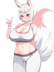 Rule 34 | 1girl, animal ear fluff, animal ears, arm behind back, azur lane, blush, breasts, cleavage, collarbone, colored tips, curvy, fox ears, fox girl, fox shadow puppet, fox tail, hair between eyes, halterneck, highres, huge breasts, kaga (azur lane), kitsune, kuavera, large breasts, large tail, looking at viewer, mole, mole under eye, multicolored hair, navel, orange eyes, original, pants, short hair, simple background, skin tight, smile, solo, sports bra, sweatband, tail, tank top, thick thighs, thighs, tight clothes, tight pants, white background, white hair, wide hips, yoga pants