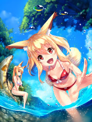 Rule 34 | 2girls, :d, animal ears, bikini, blonde hair, blue sky, breasts, cleavage, collarbone, day, fish, fisheye, food, foreshortening, fox ears, fox tail, from below, front-tie bikini top, front-tie top, fruit, gluteal fold, hair between eyes, highres, large breasts, leaning forward, long hair, looking at viewer, medium breasts, multiple girls, nature, navel, open mouth, original, outdoors, outstretched hand, partially underwater shot, ponytail, reaching, reaching towards viewer, red bikini, red eyes, river, rock, short hair, sidelocks, sitting, sky, smile, soaking feet, sunlight, swimsuit, tail, thigh gap, tongue, tree, wading, water, water drop, watermelon, white bikini, yuuji (yukimimi)