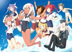 Rule 34 | 10s, 6+girls, :d, :o, ^ ^, ahoge, aqua eyes, arms up, bad id, bad twitter id, bare arms, bare legs, bare shoulders, black dress, black eyes, black hair, black legwear, blonde hair, blue eyes, blue hair, blue one-piece swimsuit, blue sky, blush, book, breast rest, breasts, brown hair, cherry blossoms, choker, cleavage, clenched hand, closed eyes, clothes writing, cloud, collarbone, contrail, covered navel, crop top, crop top overhang, cropped jacket, day, diving mask, diving mask on head, double vertical stripe, dress, dual persona, engiyoshi, fang, flower, garrison cap, glasses, goggles, goggles on head, gradient background, gradient hair, hair between eyes, hair flower, hair ornament, hair ribbon, hat, holding, holding book, i-168 (kancolle), i-19 (kancolle), i-401 (kancolle), i-58 (kancolle), i-8 (kancolle), japanese flag, jumping, kantai collection, knees together feet apart, leaning forward, lifebuoy, long hair, long sleeves, looking at another, looking away, looking down, looking to the side, low twintails, maru-yu (kancolle), military, military uniform, multicolored hair, multiple girls, name tag, ocean, old school swimsuit, one-piece swimsuit, one-piece tan, open mouth, outdoors, pantyhose, petals, pink eyes, pink hair, pink ribbon, ponytail, puffy long sleeves, puffy sleeves, purple hair, red-framed eyewear, red eyes, red hair, ribbon, ro-500 (kancolle), sailor hat, school swimsuit, school uniform, semi-rimless eyewear, serafuku, shiny clothes, shiny skin, shirt, short hair, short ponytail, short sleeves, sky, sleeveless, sleeveless shirt, small breasts, smile, star-shaped pupils, star (symbol), swim ring, swimsuit, swimsuit under clothes, symbol-shaped pupils, tan, tanline, thigh strap, thighhighs, torpedo, tri tails, twintails, u-511 (kancolle), under-rim eyewear, uniform, water, white hair, white legwear, white one-piece swimsuit, white ribbon, white school swimsuit, zettai ryouiki