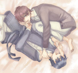 Rule 34 | 2boys, black hair, brown eyes, brown hair, chirokko, collar, feet, fetal position, hand on another&#039;s leg, hand on another&#039;s neck, harry potter (series), holding hands, looking at viewer, lying, male focus, multiple boys, open mouth, remus lupin, short hair, sirius black, soles, teeth, toes, tongue, wing collar, wizarding world, yaoi