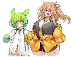 Rule 34 | 1boy, 1girl, animal ears, between breasts, blue eyes, blush, breasts, cleavage, fang, green hair, huge breasts, jacket, kasukabe tsumugi, long hair, looking to the side, necktie, necktie between breasts, no panties, open mouth, sachito, shirt, size difference, skin fang, sweat, thick thighs, thighs, voicevox, white background, white shirt, yellow eyes, zundamon