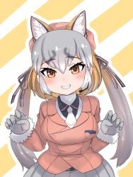 Rule 34 | animal ears, aramaru, blazer, gloves, hat, highres, island fox (kemono friends), jacket, kemono friends, kemono friends v project, long hair, looking at viewer, necktie, open mouth, school uniform, shirt, shoes, silver hair, simple background, skirt, smile, solo, tail, twintails, virtual youtuber