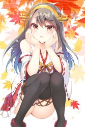 Rule 34 | 1girl, ass, autumn leaves, bare shoulders, black thighhighs, blush, breasts, brown eyes, cleavage, collarbone, detached sleeves, ginkgo leaf, grey hair, gunp, hands on own cheeks, hands on own face, haruna (kancolle), headgear, highres, kantai collection, leaf, long hair, looking at viewer, maple leaf, medium breasts, miniskirt, nontraditional miko, parted lips, pleated skirt, red skirt, skirt, smile, solo, squatting, thighhighs