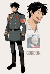 Rule 34 | 1boy, absurdres, aiguillette, armband, bad id, bad twitter id, black hair, black pants, character name, full body, glasses, gordon the big engine, highres, kendy (revolocities), male focus, military, military uniform, pants, personification, photo inset, smile, solo, thomas the tank engine, uniform