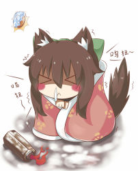 Rule 34 | &gt; &lt;, 1girl, :&lt;, animal ears, arm cannon, blanket, blush, bow, brown hair, chibi, chinese commentary, closed eyes, closed mouth, commentary request, control rod, dog ears, dog tail, feng ling (fenglingwulukong), frozen, green bow, hair between eyes, hair bow, long hair, reiuji utsuho, sick, sidelocks, snot, solo, tail, touhou, translation request, trembling, weapon, white background