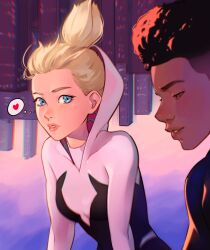 Rule 34 | 1boy, 1girl, afro, animification, black bodysuit, blonde hair, blue eyes, bodysuit, breasts, cesar art456, commentary, dark-skinned male, dark skin, english commentary, fade (haircut), floating hair, gwen stacy, hair behind ear, highres, hood, hooded bodysuit, looking down, looking to the side, marvel, miles morales, parted lips, pink lips, shirt, small breasts, spider-gwen, spider-man: across the spider-verse, spider-man (miles morales), spider-man (series), spider-verse, superhero costume, upside-down, white bodysuit, white shirt