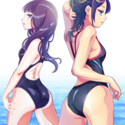 Rule 34 | 2girls, ass, black hair, black one-piece swimsuit, blue eyes, commentary request, competition swimsuit, cowboy shot, from behind, long hair, looking at viewer, multiple girls, one-piece swimsuit, original, purple eyes, sakaguchi takayuki, standing, swimsuit, white background