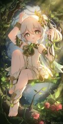 Rule 34 | 1girl, absurdres, akizuki kawakaze, armpits, arms up, bloomers, blurry, bracelet, bush, cape, commentary request, depth of field, detached sleeves, dress, flower, forest, genshin impact, gradient hair, green cape, green eyes, hair between eyes, hair ornament, highres, holding, jewelry, knee up, leaf hair ornament, long hair, looking at viewer, multicolored hair, nahida (genshin impact), nature, outdoors, pointy ears, short dress, short sleeves, side ponytail, sidelocks, sitting, solo, stirrup legwear, streaked hair, swing, symbol-shaped pupils, toeless legwear, toes, tree, two-tone hair, underwear, white bloomers, white dress, white hair