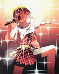 Rule 34 | 1girl, black shorts, blush, commentary request, girls band cry, highres, holding, holding microphone, iseri nina, j p2 a, microphone, music, open mouth, outstretched arm, plaid, plaid skirt, pleated skirt, red hair, red skirt, shikai no sumi kuchiru oto, shirt, short sleeves, short twintails, shorts, shorts under skirt, singing, skirt, solo, sparkle, twintails, white shirt