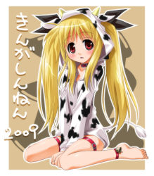 Rule 34 | 00s, 1girl, 2009, animal costume, animal ears, animal print, anklet, bad id, bad pixiv id, barefoot, bell, blonde hair, bottomless, choker, cow costume, cow ears, cow girl, cow print, cow tail, fate testarossa, hair ribbon, horns, jewelry, long hair, lyrical nanoha, mahou shoujo lyrical nanoha, new year, red eyes, ribbon, solo, tail, twintails, umekichi