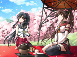 Rule 34 | 10s, 2girls, bare shoulders, black hair, black legwear, blue sky, blush, breasts, brown eyes, brown hair, chasen, cherry blossoms, cloud, cup, day, detached sleeves, flower, fujii satoshi, gloves, hair flower, hair ornament, kantai collection, large breasts, long hair, miniskirt, mountain, multiple girls, navel, oil-paper umbrella, personification, petals, ponytail, pot, radar, red eyes, school uniform, seiza, serafuku, single thighhigh, sitting, skirt, sky, smile, tea, tea ceremony, teacup, thighhighs, umbrella, very long hair, white gloves, yahagi (kancolle), yamato (kancolle), yunomi