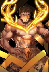 Rule 34 | 1boy, alex (cerealex), antlers, biceps, brown hair, character request, commentary, english commentary, fire emblem, fire emblem heroes, highres, holding dumbbell, horns, light particles, looking at viewer, male focus, muscular, muscular male, nintendo, pectorals, reindeer antlers, upper body