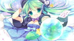 Rule 34 | 1girl, card, dress, gloves, green eyes, green hair, hat, hatsune miku, highres, kosuzume, magical mirai (vocaloid), magical mirai miku, magical mirai miku (2013), matching hair/eyes, musical note, open mouth, solo, twintails, vocaloid