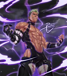 Rule 34 | 1boy, abs, asymmetrical gloves, bare pectorals, black gloves, bodysuit, cowboy shot, dark-skinned male, dark skin, dated, ear piercing, ez do dance, gloves, green hair, king of prism, king of prism by prettyrhythm, looking down, male focus, maut, nipples, pectorals, piercing, pretty rhythm, pretty series, purple eyes, revealing clothes, signature, solo, twitter username, undercut, uneven gloves, yamato alexander