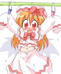 Rule 34 | 1girl, :o, blush, bow, bowtie, female focus, full-face blush, geetsu, hat, laundry, lily white, navel, orange hair, red bow, red eyes, skirt, skirt set, sleeves past wrists, solo, surprised, touhou, white background, white skirt