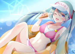 Rule 34 | 1girl, ;d, bikini, blue hair, blurry, blurry background, breasts, cleavage, collarbone, commission, copyright name, day, floating hair, food, groin, hair between eyes, hatsune miku, highres, holding, holding food, ice cream, innertube, lens flare, long hair, materu (2532), medium breasts, navel, ocean, one eye closed, open mouth, outdoors, piapro, pink bikini, pixiv commission, project diva (series), purple eyes, smile, solo, summer, swim ring, swimsuit, twintails, very long hair, visor cap, vocaloid