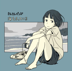 Rule 34 | 1girl, album cover, barefoot, beach, black shorts, blue theme, cloud, cover, digital media player, feet, forest, hand on own shoulder, headphones, highres, hosoo, knees up, looking to the side, monochrome, nature, nike (company), ocean, original, rock, shoes, shore, short hair, short sleeves, shorts, sitting, sneakers, solo, translation request, unworn shoes, water, waves