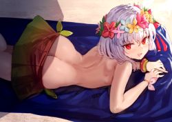 Rule 34 | 1girl, ass, back, bikini, bikini bottom only, bow, butt crack, fate/grand order, fate (series), flower wreath, hair between eyes, hair ribbon, kama (fate), kama (swimsuit avenger) (fate), kama (swimsuit avenger) (first ascension) (fate), looking at viewer, looking to the side, lying, no panties, on stomach, open mouth, purple hair, red eyes, red ribbon, ribbon, short hair, short hair with long locks, skirt, smile, solo, suminagashi, swimsuit, topless, wristband