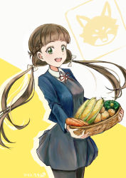 Rule 34 | 1girl, basket, braid, brown hair, carrot, commentary, corn, dated, fox, french braid, green eyes, highres, holding, holding basket, jungle zzz, long hair, looking at viewer, love live!, love live! superstar!!, low twintails, pantyhose, potato, sakurakoji kinako, smile, solo, twintails, two-tone background, upper body, white background, yellow background