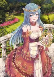 Rule 34 | 1girl, :d, aqua eyes, aqua hair, bare shoulders, breasts, cleavage, commentary, commission, detached sleeves, dress, eirika (fire emblem), eirika (valentine) (fire emblem), eyelashes, fire emblem, fire emblem: the sacred stones, fire emblem heroes, flower, flower necklace, fuussu (21-kazin), hair flower, hair ornament, highres, holding, holding flower, jewelry, long hair, long sleeves, looking at viewer, necklace, nintendo, official alternate costume, open mouth, outdoors, red dress, skeb commission, smile, solo, teeth, upper teeth only, wide sleeves