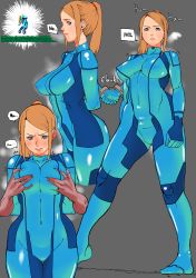 Rule 34 | 1girl, absurdres, arms at sides, arms behind back, blonde hair, blue bodysuit, bodysuit, bound, bound arms, breast lift, breasts, breath, closed eyes, closed mouth, collage, collarbone, covered erect nipples, covered navel, cuffs, english text, engrish text, futoshi slim, grabbing, grabbing another&#039;s breast, grabbing from behind, groping, handcuffs, high ponytail, highres, lips, long hair, looking at viewer, looking down, medium breasts, metroid, mole, mole under mouth, multiple views, nintendo, nipple push, nipple stimulation, open mouth, ponytail, ranguage, samus aran, skin tight, solo focus, stomach, sweat, thigh gap, zero suit