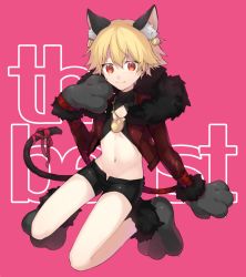 Rule 34 | 1boy, aged down, animal ear fluff, animal ears, animal hands, blonde hair, cat boy, cat ears, cat tail, child, child gilgamesh (fate), fate/hollow ataraxia, fate/stay night, fate (series), full body, gilgamesh (fate), gloves, kan&#039;yu (citron 82), male focus, midriff, navel, paw gloves, paw shoes, pink background, red eyes, shoes, short shorts, shorts, simple background, smile, solo, stomach, tail