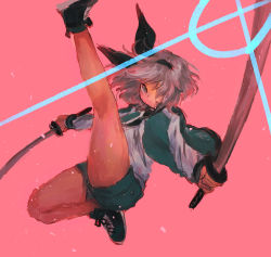 Rule 34 | 1girl, alternate costume, bare legs, black bow, bow, closed mouth, commentary request, dual wielding, green shorts, grey eyes, grey hair, hair bow, hair over one eye, hair ribbon, highres, holding, holding sword, holding weapon, jacket, katana, kicking, konpaku youmu, long sleeves, looking at viewer, masanaga (tsukasa), pink background, ribbon, shirt, shoes, short hair, shorts, sketch, sneakers, solo, sword, touhou, track jacket, weapon