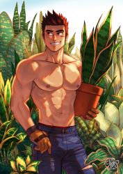 Rule 34 | 1boy, abs, artist name, bara, biceps, brown hair, day, flower pot, garden, gloves, highres, male focus, manly, mondoart, muscular, muscular male, navel, nipples, original, pants, pectorals, plant, red eyes, scar, scar on face, smile, solo, thick eyebrows, topless male