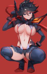 Rule 34 | 1girl, absurdres, black hair, black thighhighs, blush, boots, breasts, closed mouth, commentary request, garter straps, gloves, grey eyes, hair ornament, hand on own hip, head tilt, high heel boots, high heels, highres, holding, holding sword, holding weapon, kataku musou, kill la kill, large breasts, light smile, lips, long sleeves, looking at viewer, matoi ryuuko, multicolored hair, navel, red background, red hair, revealing clothes, senketsu, shiny skin, short hair, sidelocks, simple background, skirt, smile, solo, squatting, stomach, suspenders, sword, thighhighs, thighs, turtleneck, weapon