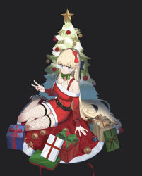 Rule 34 | 1girl, absurdres, alternate costume, arm support, belt, black background, black belt, blonde hair, blue archive, blue bow, blue eyes, bow, box, braid, breasts, chinese commentary, chise (jwhh123), christmas, christmas tree, cleavage, closed mouth, collarbone, fishnet thighhighs, fishnets, gift, gift box, hair bow, hairband, highres, long hair, looking at viewer, medium breasts, red bow, santa costume, simple background, sitting, thighhighs, toki (blue archive), v