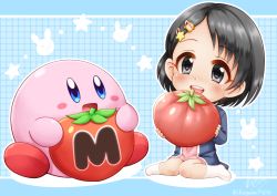 Rule 34 | :d, black hair, blue eyes, blue jacket, blush, blush stickers, commentary request, crossover, dress, food, grey eyes, hair ornament, hairclip, holding, holding food, idolmaster, idolmaster cinderella girls, jacket, kirby, kirby (series), maxim tomato, nintendo, no shoes, open clothes, open jacket, open mouth, parted bangs, pink dress, regular mow, sasaki chie, signature, smile, socks, star (symbol), star hair ornament, teeth, tomato, twitter username, upper teeth only, white socks