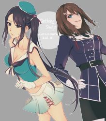 Rule 34 | 2girls, bad id, belt, black eyes, black hair, blue eyes, breasts, brown hair, character name, cleavage, cosplay, costume switch, english text, gloves, hands on own hips, hat, kantai collection, large breasts, looking at viewer, maya (kancolle), maya (kancolle) (cosplay), meron, midriff, multiple girls, nachi (kancolle), nachi (kancolle) (cosplay), pantyhose, remodel (kantai collection), side ponytail, simple background, sweatdrop