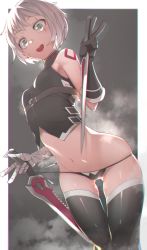 Rule 34 | 1girl, absurdres, bandaged arm, bandages, bare shoulders, black gloves, black panties, black thighhighs, breasts, dagger, dual wielding, fate/apocrypha, fate/grand order, fate (series), gloves, green eyes, highres, holding, holding weapon, jack the ripper (fate/apocrypha), knife, navel, open mouth, panties, resized, scar, scar across eye, scar on face, short hair, single glove, solo, thighhighs, third-party edit, tostos, underwear, upscaled, v, weapon, white hair