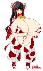 Rule 34 | 1girl, animal ears, animal print, ayazumi flutter, breasts, capcom, cow ears, cow girl, cow print, cow tail, cowbell, dot nose, female focus, full body, gigantic breasts, green eyes, minoto, monster hunter (series), monster hunter rise, nipple slip, nipples, pointy ears, sandals, sidelocks, standing, tail, white background