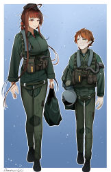 Rule 34 | 1boy, 1girl, ammunition pouch, armor, artist name, bag, black headwear, blush, braid, breasts, brown hair, closed mouth, commander (girls&#039; frontline), commentary, commission, darkpulsegg, dsr-50 (girls&#039; frontline), english commentary, eyes visible through hair, full body, girls&#039; frontline, green jacket, green pants, hair ornament, hairclip, hat, helmet, highres, holding, holding bag, holding helmet, jacket, long hair, long sleeves, looking at another, looking at viewer, medium breasts, military, military hat, military uniform, open mouth, pants, parted lips, pouch, red eyes, short hair, simple background, smile, standing, uniform, yellow eyes