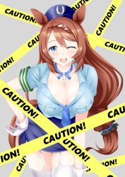 Rule 34 | 1girl, absurdres, alternate costume, animal ears, between breasts, blue choker, blue eyes, blue necktie, blue shirt, blue skirt, blush, braid, breasts, brown hair, caution tape, choker, cleavage, commentary request, cowboy shot, garter straps, gloves, grey background, gurukorian, hair between eyes, hand on own hip, hat, highres, horse ears, horse girl, large breasts, long hair, looking at viewer, low ponytail, multicolored hair, necktie, necktie between breasts, one eye closed, open mouth, pencil skirt, pendant choker, police, police hat, police uniform, policewoman, shirt, simple background, single braid, skirt, smile, solo, streaked hair, super creek (umamusume), teeth, thighhighs, umamusume, uniform, upper teeth only, very long hair, white garter straps, white gloves, white hair, white thighhighs