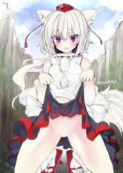 Rule 34 | animal ears, blush, clothes lift, grass, inubashiri momiji, lifting own clothes, no pussy, pom pom (clothes), red eyes, skirt, skirt lift, tagme, tail, touhou, tousen, white hair, wolf ears, wolf girl