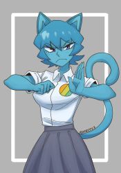 Rule 34 | 1girl, ?, animal ears, animification, blue fur, blue hair, breasts, cat ears, cat girl, cat tail, clenched hand, closed mouth, collared shirt, furry, furry female, grey eyes, grey skirt, hhhori, highres, looking at viewer, mature female, medium breasts, nicole watterson, shirt, short hair, short sleeves, skirt, sleeves rolled up, tail, the amazing world of gumball, white shirt