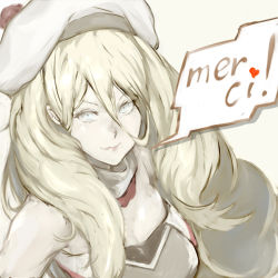 Rule 34 | 1girl, blonde hair, blue eyes, breasts, dress, french text, hair between eyes, hat, heart, kantai collection, lips, long hair, mole, mole under eye, mole under mouth, nona (goodboy), pom pom (clothes), richelieu (kancolle), simple background, sleeveless, solo, speech bubble, upper body, yellow background