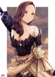 Rule 34 | 1girl, absurdres, armor, armored dress, arms behind back, blurry, blurry background, blush, border, breastplate, breasts, brown hair, chain, cleavage, commentary request, flower, gauntlets, hair over shoulder, highres, long skirt, medium breasts, monster hunter (series), outside border, photo background, red eyes, sheath, sheathed, shrug (clothing), skirt, solo, spiked armor, sword, uecchi, vaal hazak (armor), weapon, weapon on back, white border, white flower
